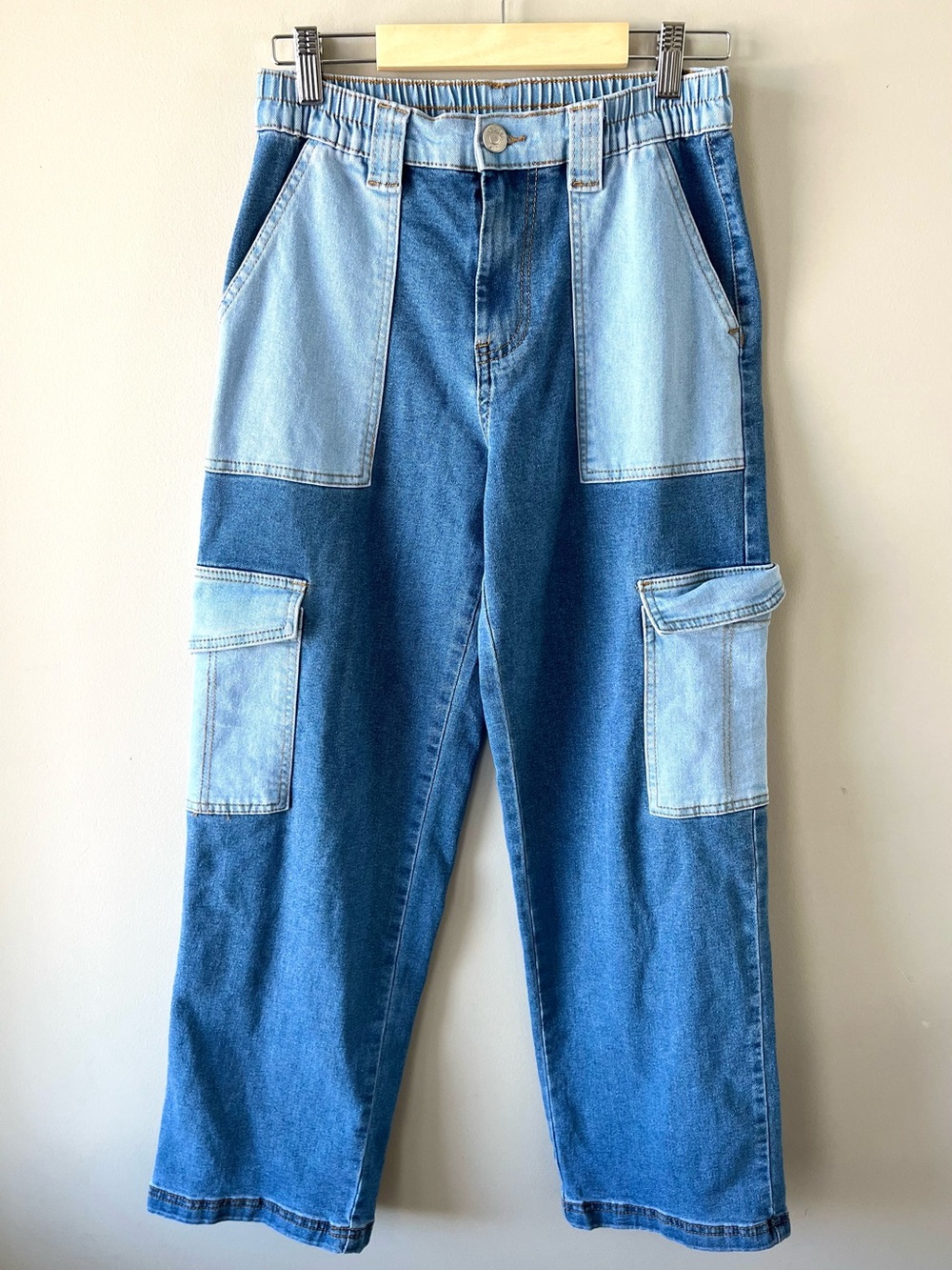 Madden Girl Two-Tone Denim Cargo Jeans Size Small -Streetwear Utility Y2K